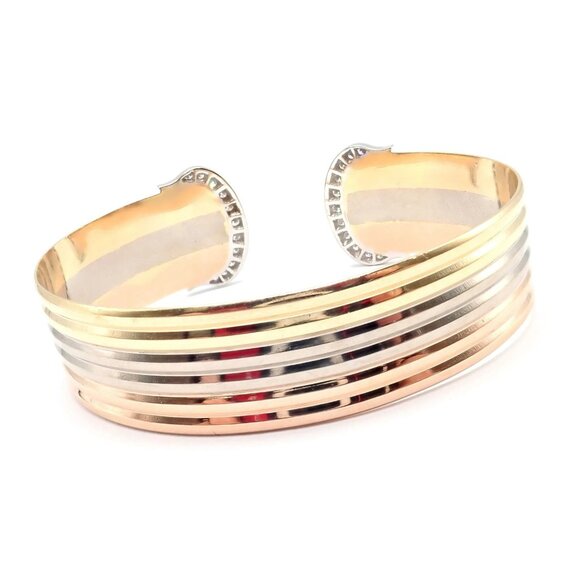 Authentic! Cartier 18k Tri-Color Gold Diamond Double C Wide Cuff Bangle Bracelet - Picture 5 of 10